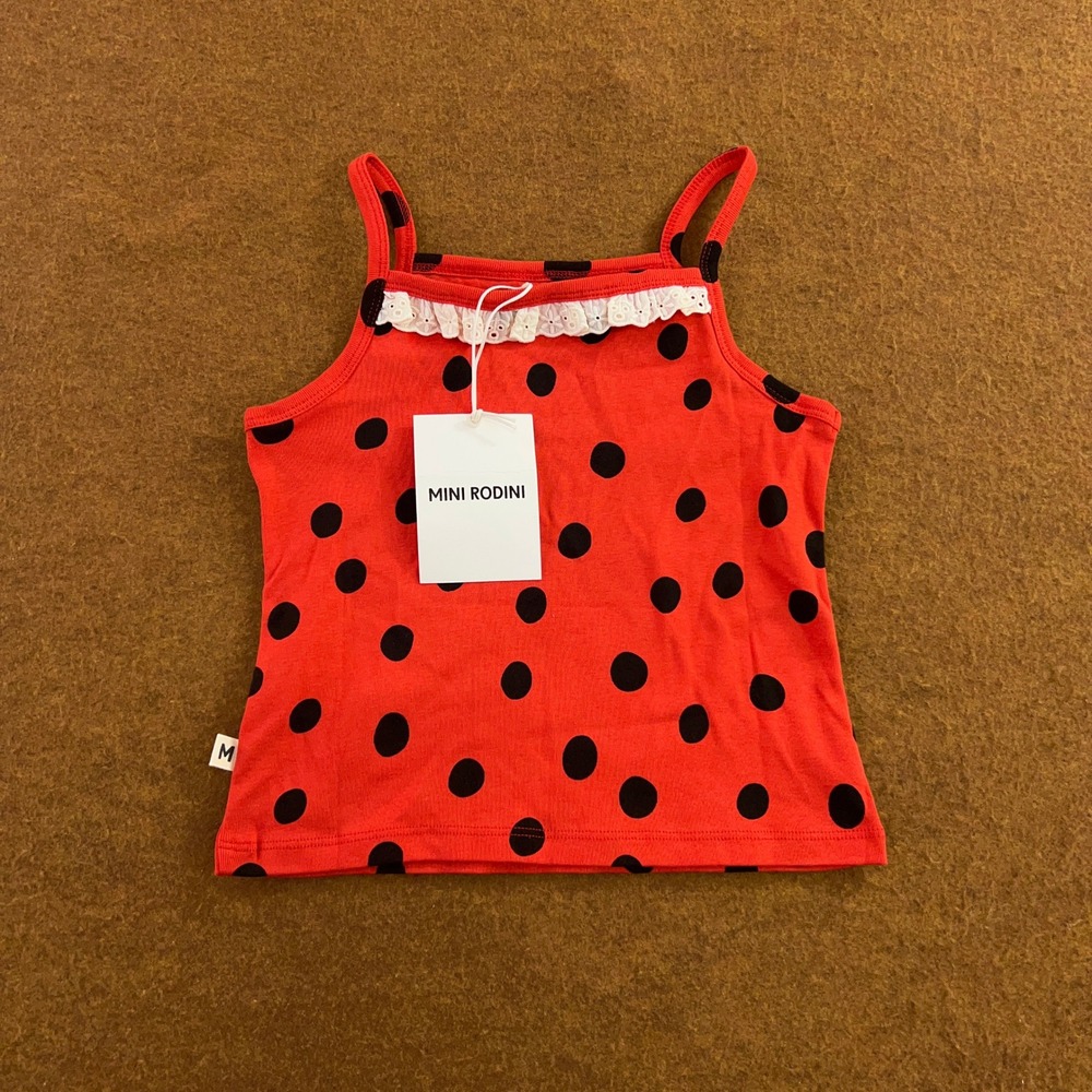 Mini Rodini Girls 5-7Y Red Polka Dot Lace Trim Tank Top NWT
